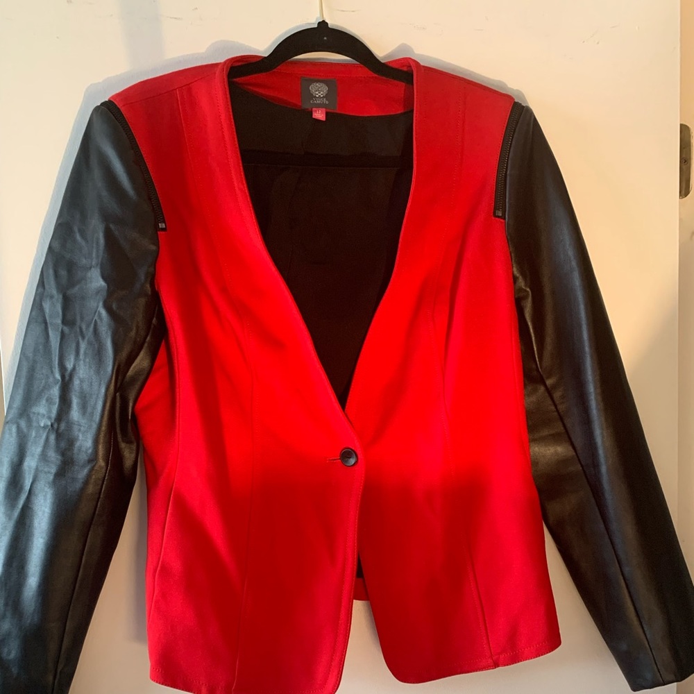 Red Vince Camuto blazer faux leather sleeves